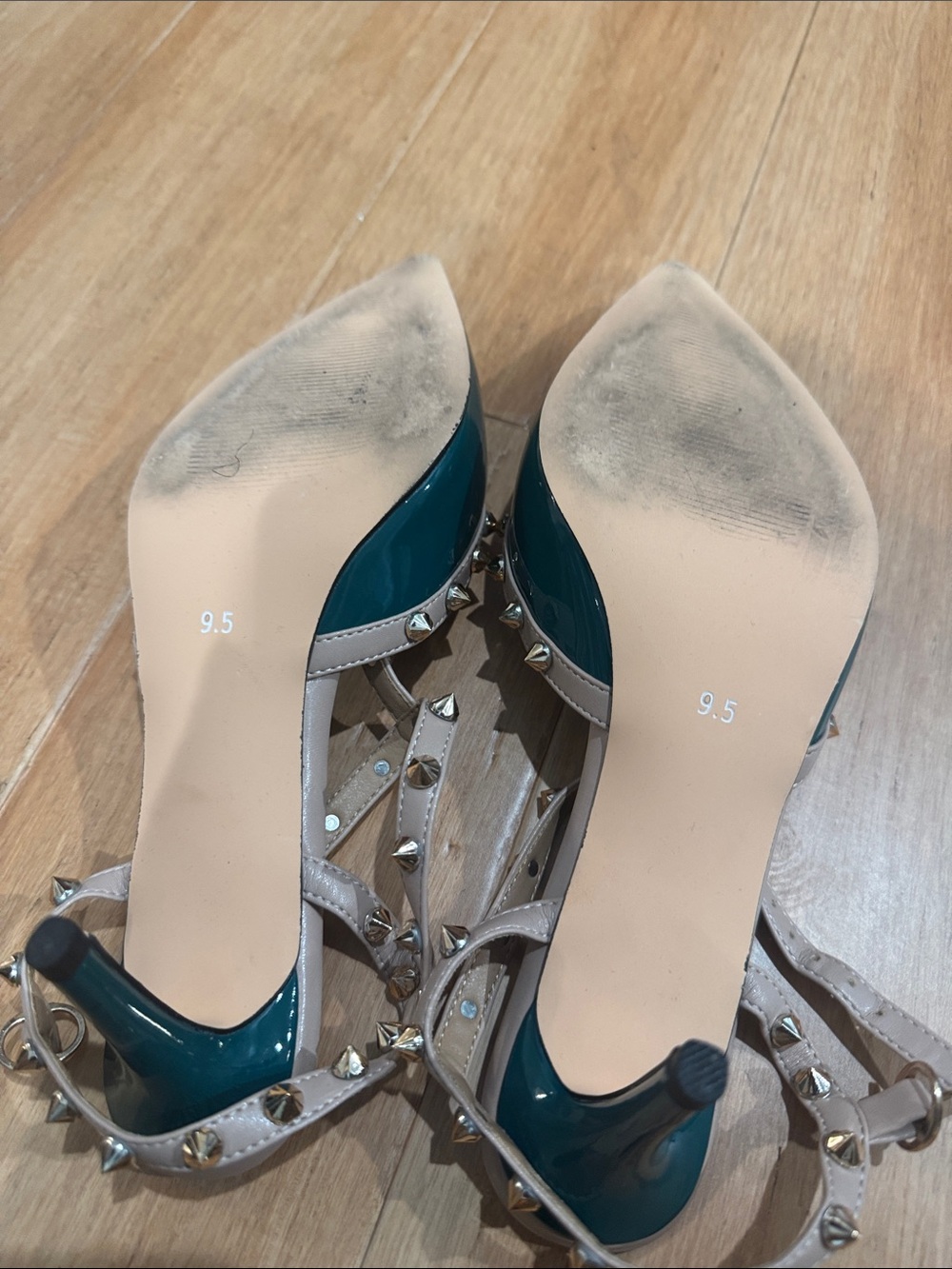 Studded Pointed Toe heels in Teal and Nude - Picture 3 of 3